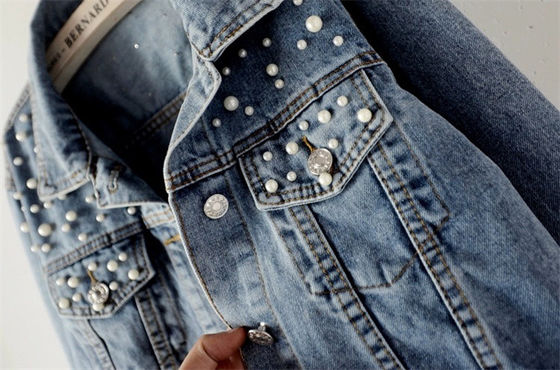 Casual Nakış Kot Ceket Bayan Bluz Mandarin Yaka Ceket