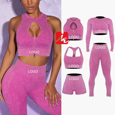 Kadın 5 Parça Spor Sütyen Ve Tayt Dikişsiz Nervürlü Fitness Setleri Spor